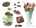 Watercolour mint chocolate milkshake with straw, ice cream and cookies, chocolate bar, mint cheesecake hand drawn Royalty Free Stock Photo