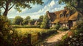 Watercolour oil painting of an old fashioned quintessential English country village in a rural landscape setting Royalty Free Stock Photo