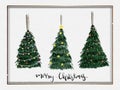 Watercolour paint Christmas tree with red bow,star,light bulb decoration with snow falling on white watercolor paper background,
