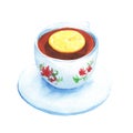 Watercolour painted cup of tea with lemon slice. Black tea in white cup with abstract flowers with saucer. Royalty Free Stock Photo