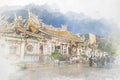 Watercolour painted of Mengjia Longshan Temple is Chinese folk religious temple, served as a place of worship for Chinese settlers