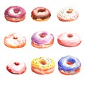 Watercolour painted set of colourful glazed donut. Yellow pink chocolate blue top, different flavours and test. Use for article i