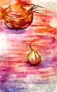 Watercolour painted vegetables of onions