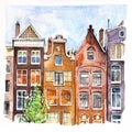 Watercolour painting of Amsterdam dancing houses over river Amstel Royalty Free Stock Photo