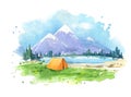 Watercolour painting , camping by the lake