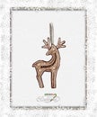 Watercolour painting of a Christmas decoration of Reindeer Gingerbread with snowflakes paper art and golden picture frame,