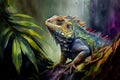 Amazing colorful iguana in the rain forest, ai illustration Royalty Free Stock Photo