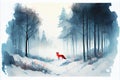 Red Fox animal in Winter forest watercolour illustration Royalty Free Stock Photo