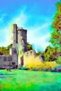 Watercolour painting of Irish castle tower ruin. Vertical.