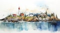 Ocean Of Canada: Delicate Watercolor Landscape Painting Of Lighthouse And Houses