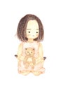 Watercolour painting lonely girl holding bear doll