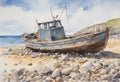 Watercolour painting of an old weathered wooden fishing boat on a pebble beach under a blue sky