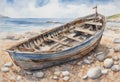 Watercolour painting of an old weathered wooden fishing boat on a pebble beach under a blue sky