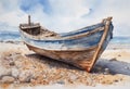 Watercolour painting of an old weathered wooden fishing boat on a pebble beach under a blue sky