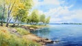 Watercolour Painting Of Serene Nature Scenery With Dnieper River