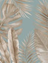 Watercolour Palm neutral fronds background. Dry tropical leaves Watercolour illustration on blue background.