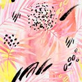 Watercolour pink colored palm leaf and graphic elements painting.