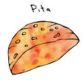 Watercolour Pita Pocket Bread. Arabic Israel Healthy Fast Food Bakery. Jewish Street Food. Realistic Hand Drawn