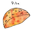 Watercolour Pita Pocket Bread. Arabic Israel Healthy Fast Food, Bakery. Jewish Street Food. Realistic Hand Drawn Illustration. Sav