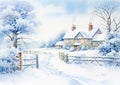 Watercolour printable winter countryside art print, English country cottage and snow, Christmas holiday, thank you and Happy