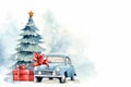 Watercolour retro car with gift box and Christmas tree and snowflakes