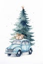 Watercolour retro car with gift box and Christmas tree and snowflakes