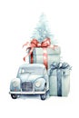 Watercolour retro car with gift box and Christmas tree and snowflakes