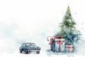 Watercolour retro car with gift box and Christmas tree and snowflakes