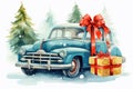 Watercolour retro car with gift box and Christmas tree and snowflakes