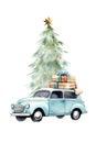 Watercolour retro car with gift box and Christmas tree and snowflakes