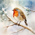 Watercolour of a robin redbreast bird in the winter snow