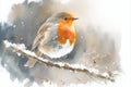 Watercolour of a robin redbreast (Erithacus rubecula) bird in the winter snow