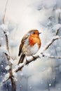 Watercolour of a robin redbreast (Erithacus rubecula) bird in the winter snow