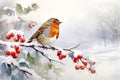 Watercolour of a robin redbreast (Erithacus rubecula) bird in the winter snow