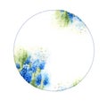 Watercolour round frame with blue hyacinths, banner with spring flowers, hand drawn sketch, spring illustration on white