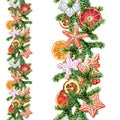 Watercolour seamless border of isolated Christmas treats elements