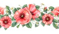 Watercolour seamless border with poppy, chamomile and leaves. Hand drawn botanical illustration.