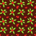 Watercolour seamless pattern background for Christmas. Watercolor paetern with holly berries and leaves. On a dark red Royalty Free Stock Photo