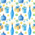 Watercolour seamless pattern with blue and gold Christmas tree decorations, balls, gifts and stars Royalty Free Stock Photo