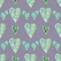 Watercolour seamless pattern with blue and green hearts for Valentine\'s Day, light violet background