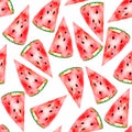 Watercolour seamless pattern bright vivid colour illustration watermelon. Testy food hand painted.