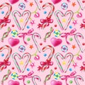 Watercolour seamless pattern with candies, lollipops, heart and stars on a pink background