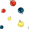 Watercolour seamless pattern with christmas glass balls red blue and yellow. Hand drawn illustration isolated on white