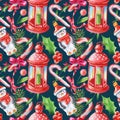 Watercolour seamless pattern with Christmas toy, holly berry, candy, green leaves, Christmas tree branches, bow and lantern