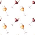 Watercolour seamless pattern with glasses of white and red wine Hand painted illustration background