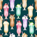 Watercolour seamless pattern with milkshakes on dark green