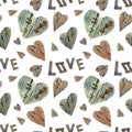 Watercolour seamless pattern for Valentine\'s Day, rustic, old wood texture, wooden hearts, rusty key