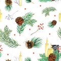 Watercolour seamless pattern with white candles with fire, pine cone, fir branches, red berries. Hand drawn illustration Royalty Free Stock Photo