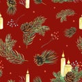 Watercolour seamless pattern with white candles with fire, pine cone, fir branches, red berries. Hand drawn illustration Royalty Free Stock Photo