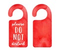 Watercolour set of two bright red door hanger tags: blank one and with `Please Do Not Disturb` writing. Royalty Free Stock Photo